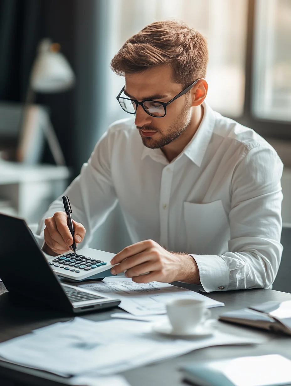 Professional calculating loan payments at desk