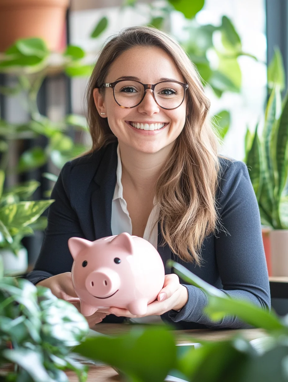 Woman confidently saving money at her home office